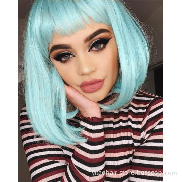 Natural Looking Pastel Mint Green Replacement Wig Neon Color Short Bob Hair with Bangs  Machine Made None Lace Synthetic Wig